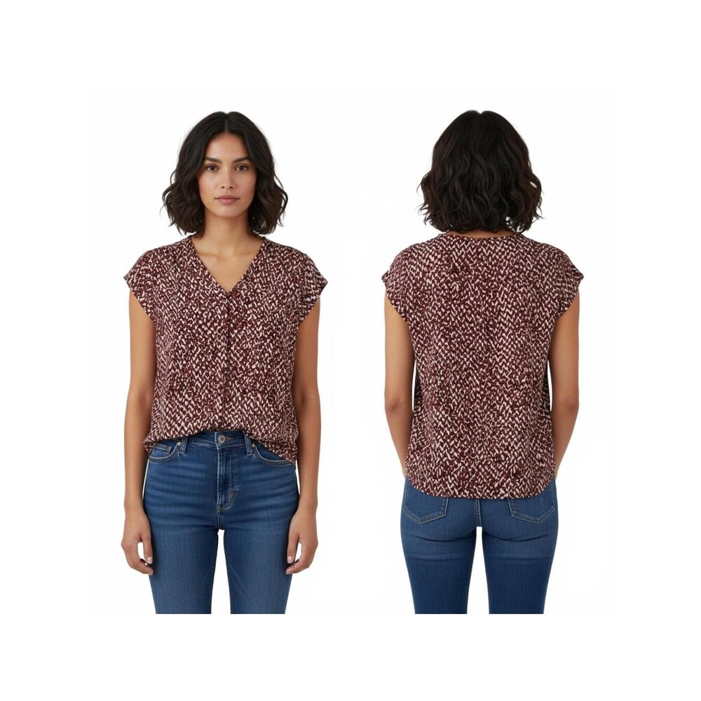 Liz Claiborne Blouse Top Button Down V Neck Abstract Print Casual L